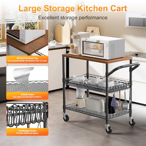 NTE 3-Tier Rolling Kitchen Cart with Wooden Top & Hooks - Black, 650Lbs Capacity