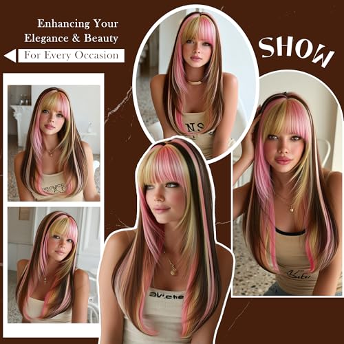 27 Inch Brown Layered Wig with Pink Blonde Highlights & Bangs - Pink Blonde Chunky Highlights