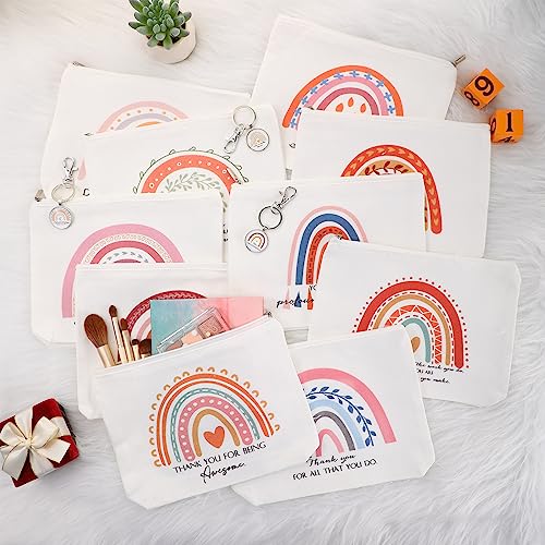 Hillban 40 Pcs Employee Appreciation Gifts Bulk for Women Inspirational Rainbow Canvas Makeup Bags and Keychains for Coworker
