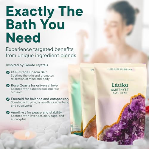 Latika Geode Bath Salts Set - 4 Ounce Pack of 3 with Essential Oils, Stress & Muscle Relief