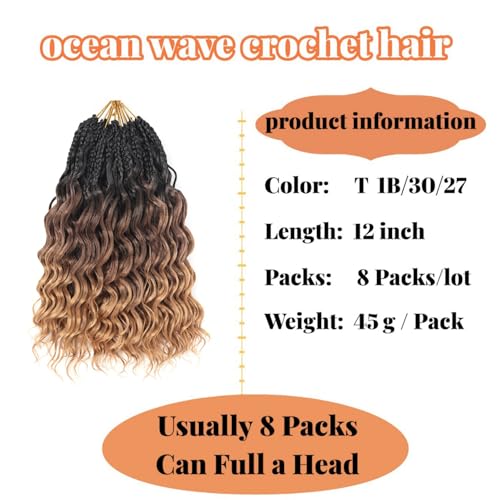 12 Inch Ocean Wave Crochet Hair Extensions - Deep Wavy, Pre-Looped Synthetic Braiding Hair, 8 Packs for Black Women, Boho Style