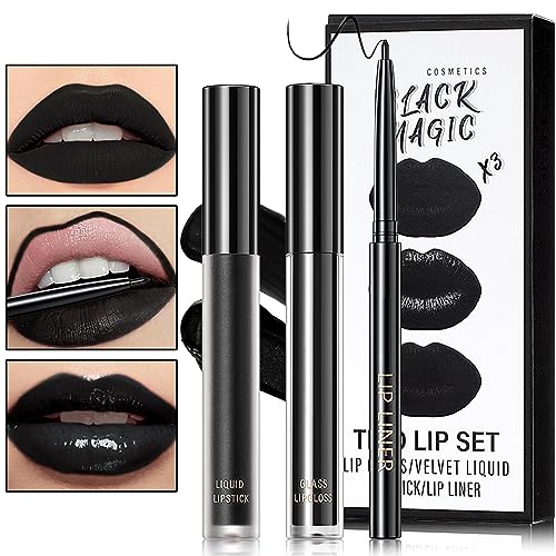 Black Matte Liquid Lipstick,3 in 1 Black Lip Liner and Lipstick Set,Matte Lip Gloss Long Lasting Moisturizing Velvet Lipgloss Make Up Gift Set Cosplay Goth Halloween Special Effects Makeup Kit