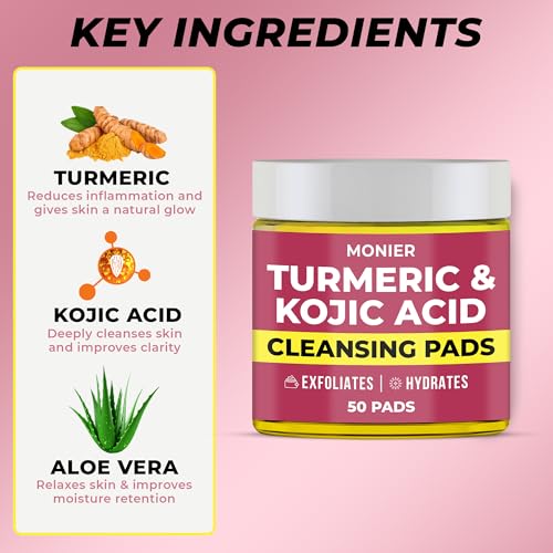 Turmeric Kojic Acid Cleansing Pads for Face Dark Spots - Hydrates & Plumps Skin - With Vitamin C & E - Sensitive Skin Friendly (50 Pads)