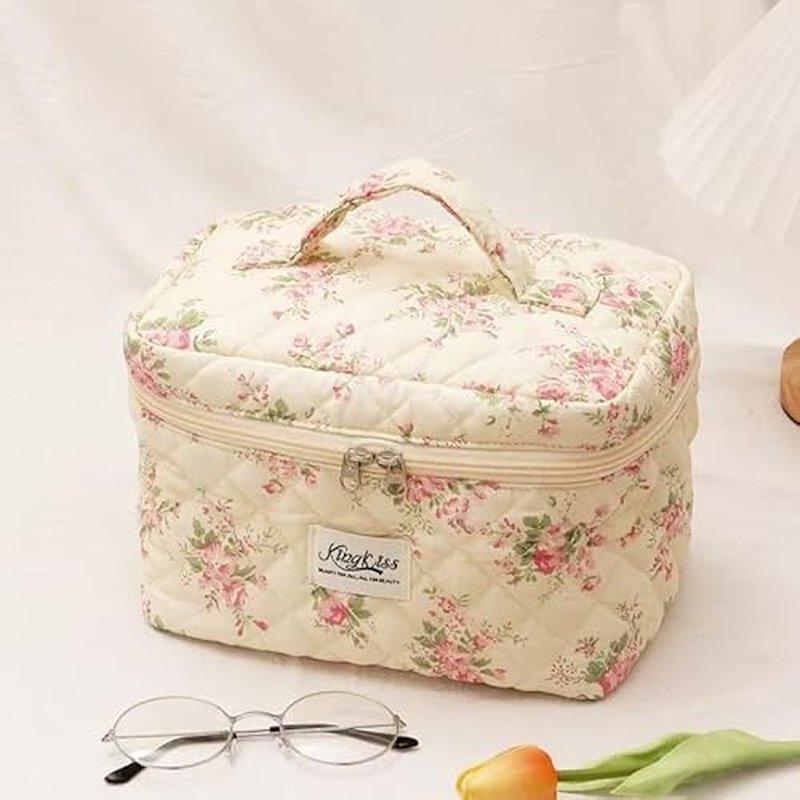 3 Pcs Cotton Quilted Makeup Bag, Large Aesthetic Cosmetic Bag Set Cute Flower Travel Toiletry Bag Makeup Brushes Storage Bag Trendy Makeup Organizer Bag for Women Girls (Pink Flower Set)