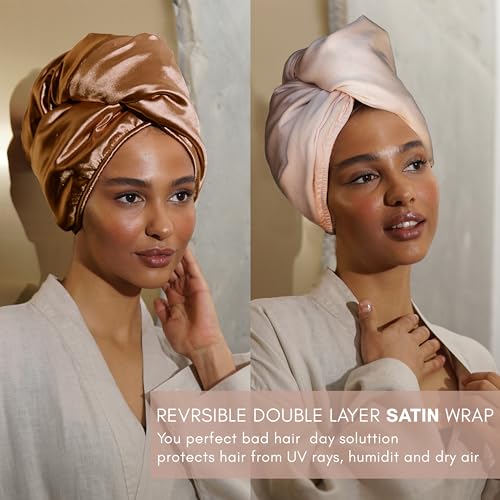 Satin Hair Wrap Towel for Curly Hair - Double Layer Turban with Bamboo Inner - Bronze