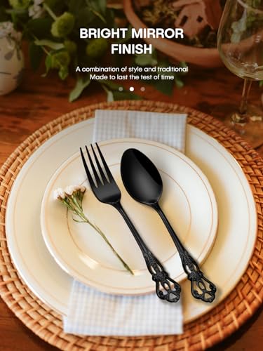 Stapava Retro Royal Black Silverware Set with Steak Knives - 48Pcs Flatware for 8