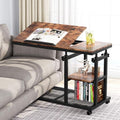 Height Adjustable C-Shaped Snack Side Table with Wheels - Rustic Brown