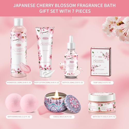Japanese Cherry Blossom Bath Gift Set - 7 Piece Spa Kit for Women