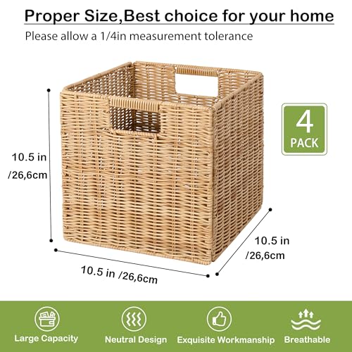 Khaki Collapsible Plastic Wicker Storage Baskets Set of 4 - 10.5 x 10.5 Inches
