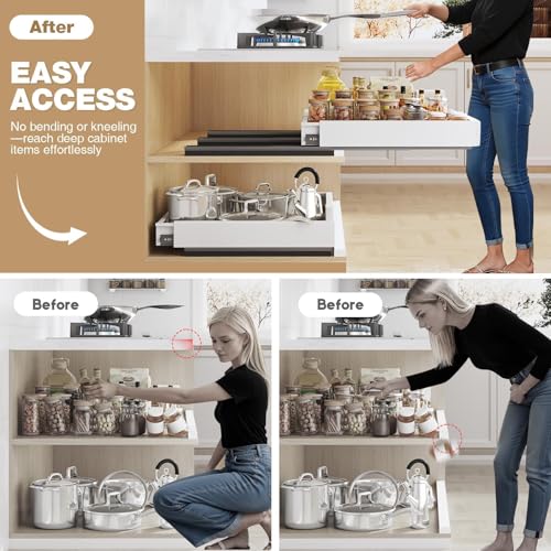 Pull Out Cabinet Organizer 2 Pack - Adjustable 13-21 W x 17-24 D, 3 Rail Slide Out Drawers, White