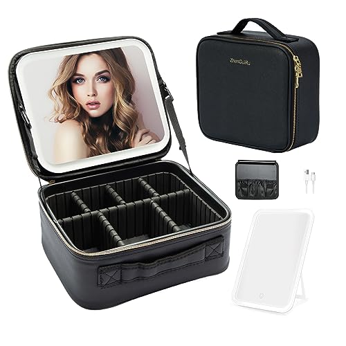 SJD LACE Black Travel Makeup Bag with LED Mirror, Waterproof Cosmetic Organizer