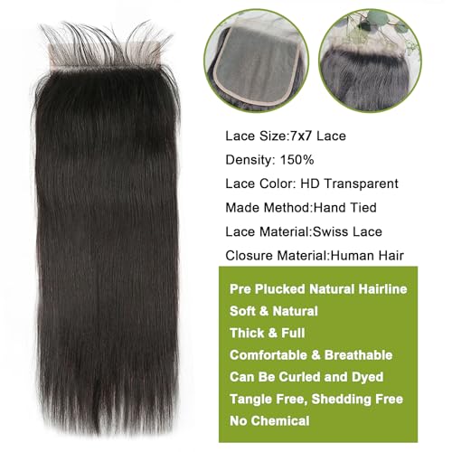 7x7 HD Transparent Lace Closure 12 Inch Brazilian Virgin Human Hair - Straight, Pre Plucked with Baby Hair