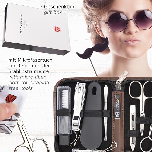 Drei Schwerter Germany 10-Piece Manicure Pedicure Grooming Kit - Brown Leather Case