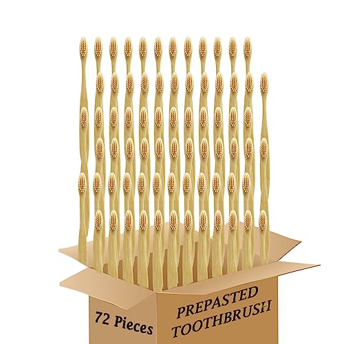 Beige Bamboo Disposable Toothbrush Set - 72 Prepasted Biodegradable Bristle
