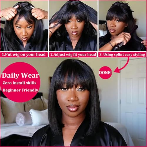Black 10-Inch Human Hair Bob Wig with Bangs, Glueless Lace Cap, Straight Style - Variation of This Listing
