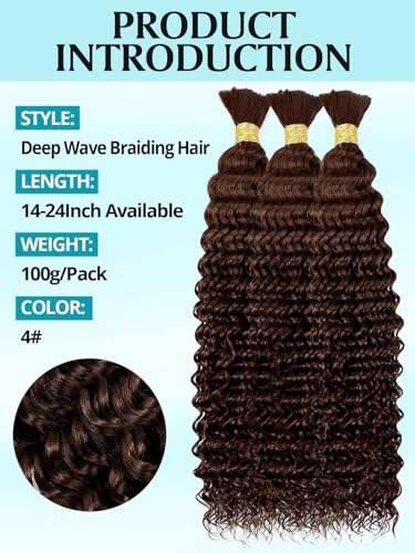 SUNNGIRL 100g-14 Inch #4 Deep Wave Human Braiding Hair for Boho Braid Styles