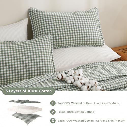 Gingham Quilt Set King Size - Green & Brown Cotton Linen-Like Bedspread