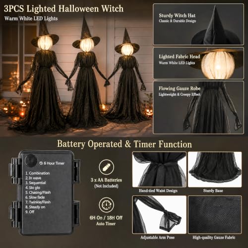 5 Ft Halloween Witches Decor Set of 3 with Lighted Faces, Outdoor Stakes & Timer