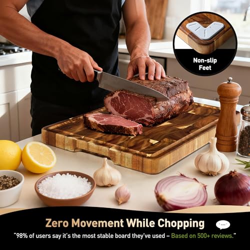 End Grain Acacia Wood Cutting Board 17" x 12" with Non-Slip Feet - Socisen