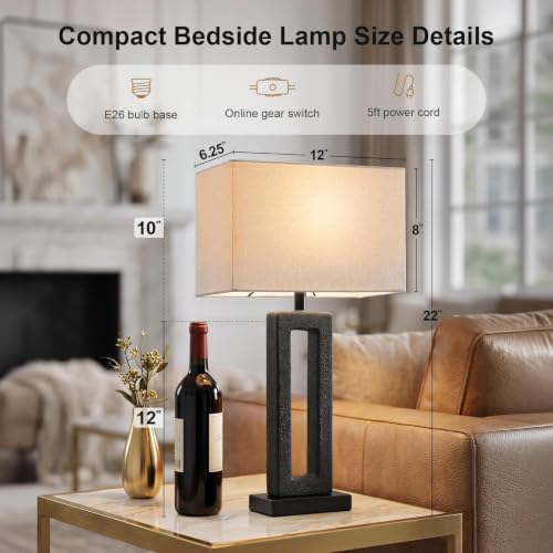 22-Inch Matte Black Textured Ceramic Table Lamps Set of 2 with Linen Shades - Modern Nightstand Lamps for Bedroom & Living Room - Variation: Matte Black-2Pack-22"