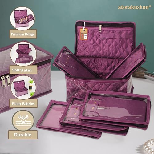Purple Satin Makeup & Jewelry Organizer Bag for Women - Travel Cosmetic Pouch
