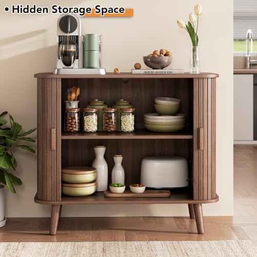 OneBlis Walnut 31.5-Inch Fluted Sideboard Buffet with Sliding Tambour Door