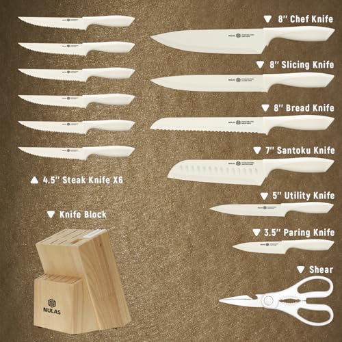 Cream 15-Piece Kitchen Knife Set with Block and Built-In Sharpener - Ergonomic & Rust-Resistant