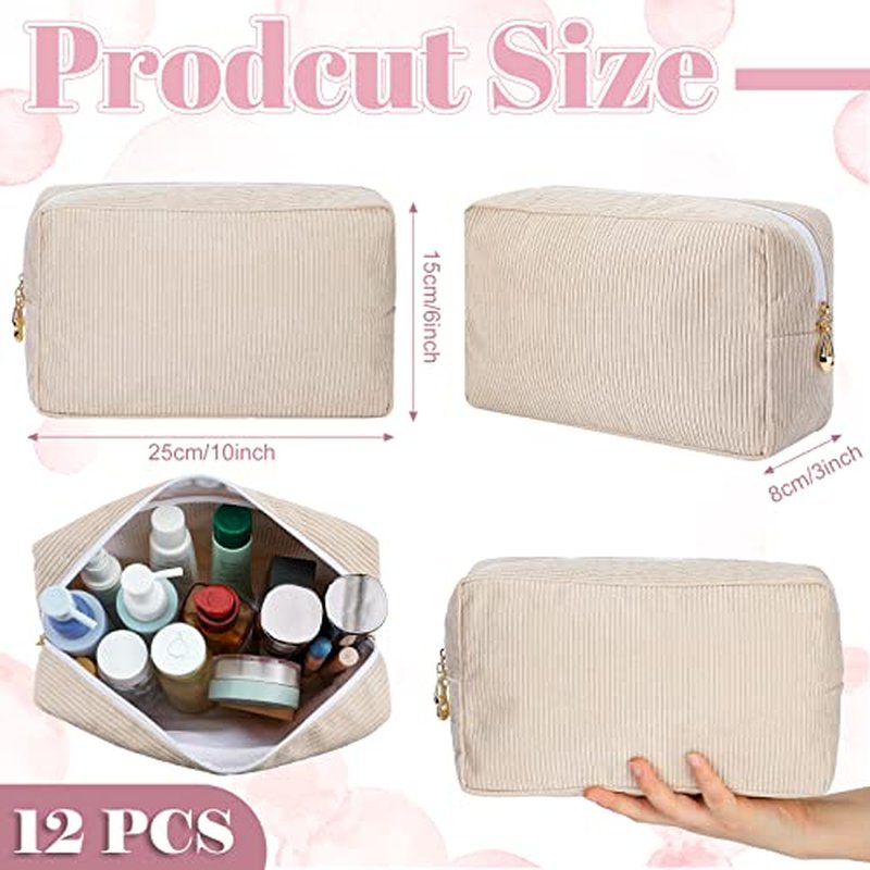Amylove 12 Pcs Corduroy Makeup Bag Large Capacity Preppy Cosmetic Bag Bulk DIY Daily Use Plain Portable Makeup Pouch Travel Purse Organizer Storage for Women Xmas Gift(Beige Pink)