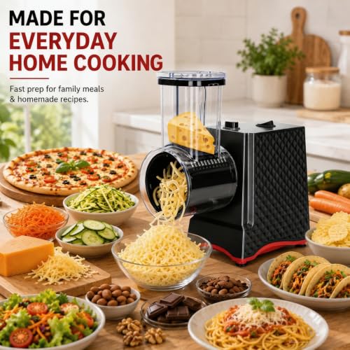 Electric Cheese Grater with 6 Interchangeable Blades for Vegetables & Cheese