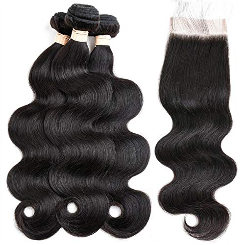 Beauhair Brazilian Body Wave Virgin Human Hair Bundles with 14x4 Lace Closure – 14, 16, 18 Inch, Natural Black