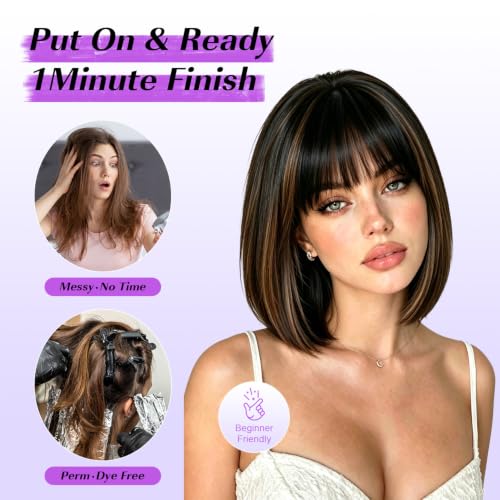 Highlight Brown Bob Wig with Bangs - Short Synthetic Wigs for Women Girl - Curly & Soft