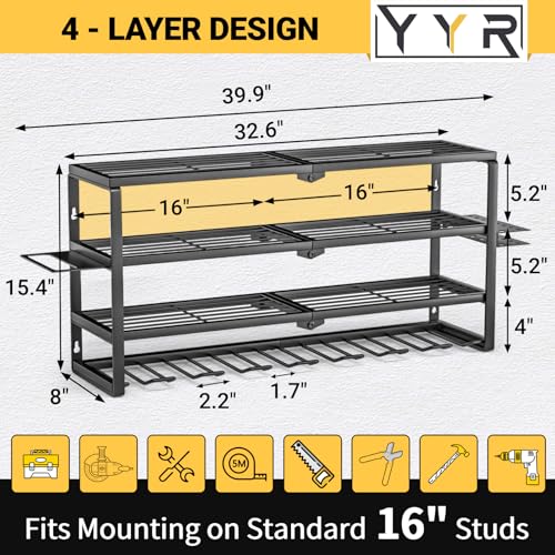 YYR 32 Inch 8 Slot Power Tool Organizer Wall Mount with Charging Station, Drill & Battery Storage Rack