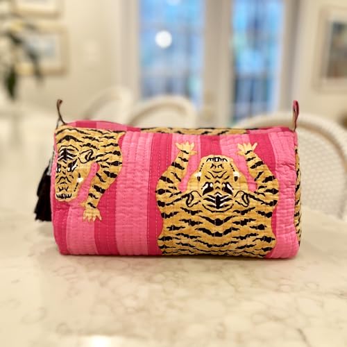 Pink Tiger Block Print Makeup Bag & Toiletry Pouch – Quilted Cotton Travel Organizer for Women