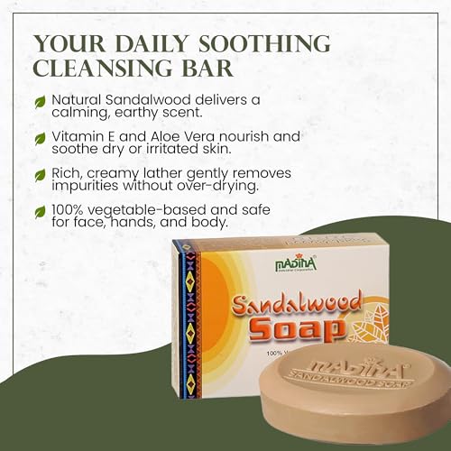 Madina Sandalwood Soap Bar ? Moisturizing, Gentle Cleanser, Aromatic Sandalwood, Vitamin E, Aloe Vera, 100% Vegetable-Based, For All Skin Types, 6 Pack (3.5 oz Each)