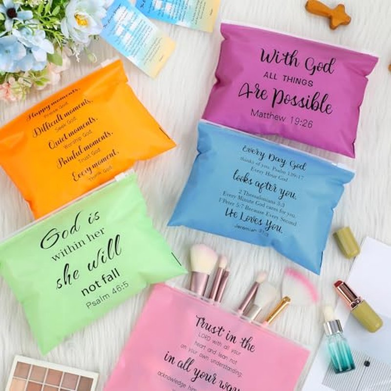 Kacctyen 100 Pcs Christian Gifts for Women Bulk Religious Bible Verse Makeup Cosmetic Bag Bulk Church Inspirational Gift Plastic Toiletry Bag Travel Purse for Mother's Day Teacher 8" x 6"