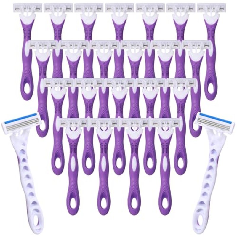 48 Count Women's Disposable Razors Bulk Purple 3 Blade Sensitive Skin Bikini Line Razor for Bathing Hotel Travel