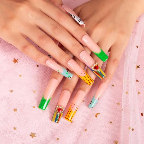 LOVFUL Press on Nails The Wonderful Meadow | Handmade with Full Covered Crystals | Reusable Fake Nails | Square Mid length 1.7in | H224-S
