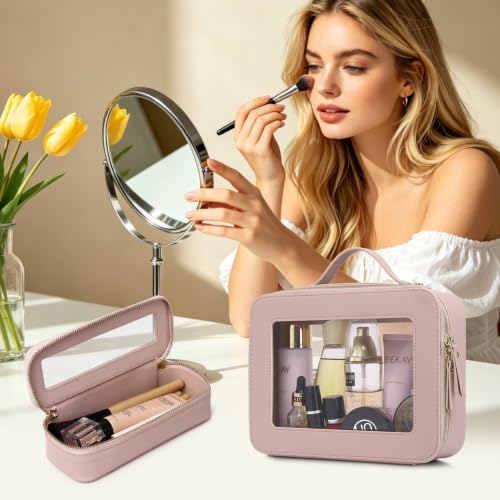 Clear Makeup & Brush Bag Set - Slim Travel Toiletry Organizer with Handle