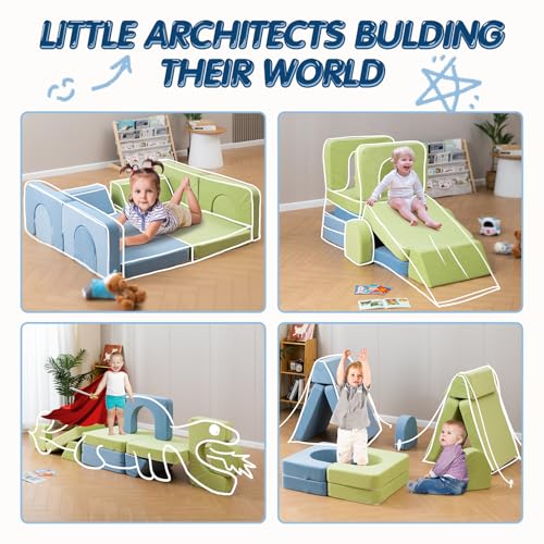Kids Couch with 1000+ Building Options - Blue & Green Modular Play Sofa