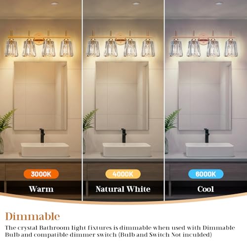 KernLite Gold 4-Light Crystal Bathroom Vanity Light Fixtures Over Mirror - Modern Wall Sconce with Ceramic E26 Base, Up or Down Mount