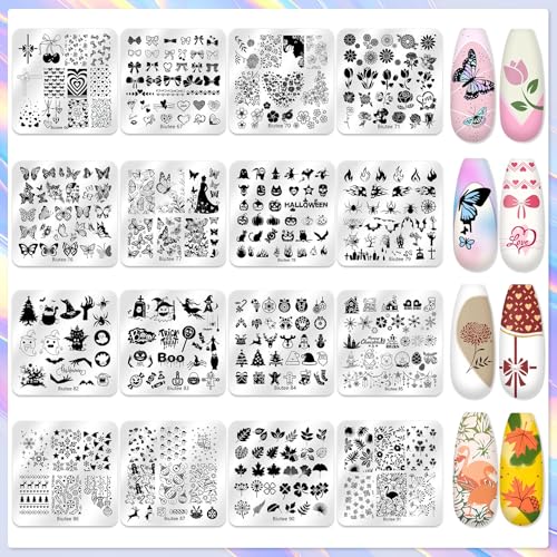28PCS Nail Stamping Kit with 16 Plates, 8 Gel Polish Colors & Stamper - Nail Art Set