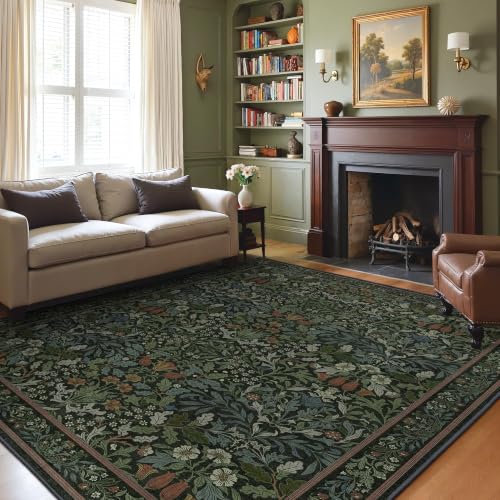 8x10 Dark Green Washable Rug with Vintage Floral Design - Non Slip, Soft Faux Wool