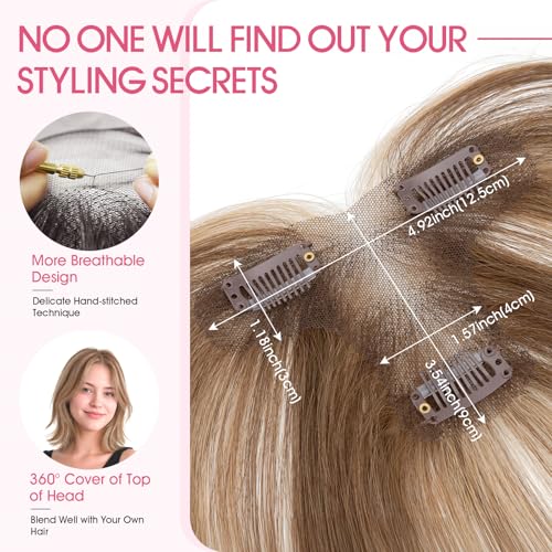 Human Hair Toppers with Bangs - 11 Inch Mocha Brown Mix Medium Blonde - Natural Look
