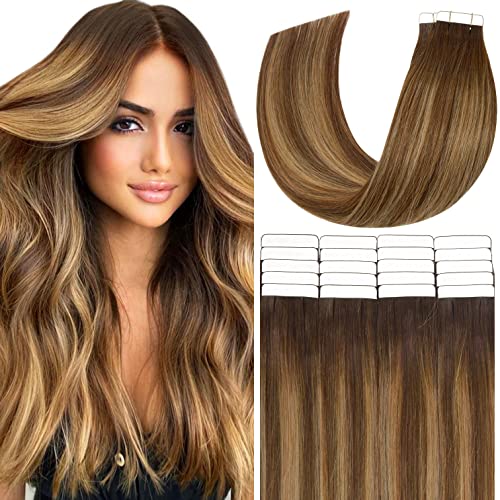 Remy Hair Tape-In Extensions 14 Inch Balayage Blonde - Chocolate Brown to Caramel Blonde with Brown Roots