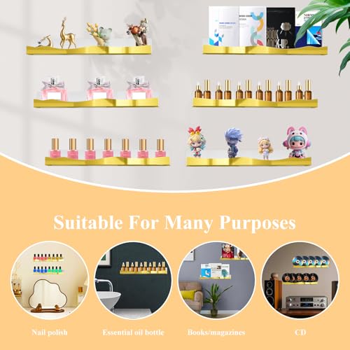 Gold Mirror Nail Polish Wall Rack - 6 Pack, 15 Inch Acrylic Shelves with Variation