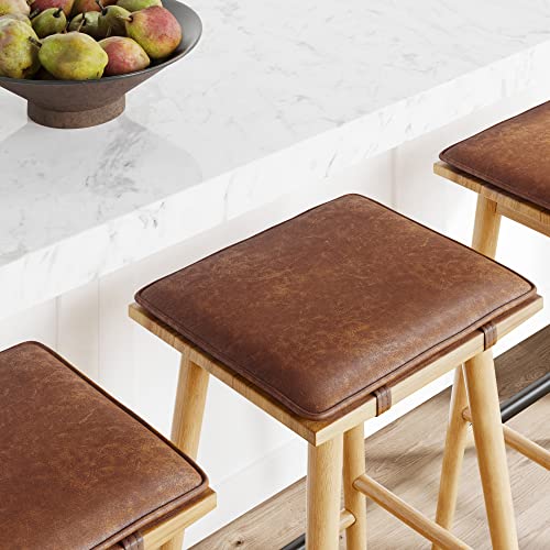 Light Brown Counter Height Wood Bar Stool with Leather Removable Cushion - 24 Inch
