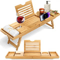 SereneLife Bath Caddy Breakfast Tray Combo - Natural Bamboo Wood Waterproof Tub and Bed with Folding Slide-Out Arms, Device Grooves, Wine Glass Soap Holder