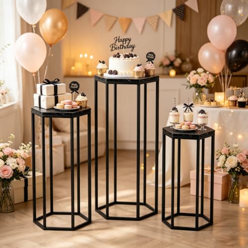Black Hexagon Metal & Wooden Marble-Pattern Party Stand Set of 3 - Urban Deco