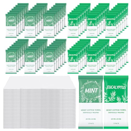 Moist Towelettes, Disposable Pre Moistened Towels Individually Wrapped, Soft Portable Face & Body Wet Towels for Travel Hotel Sport Camping Spa 9.8 inch (Pack of 100, Mint & Eucalyptus Leaf)