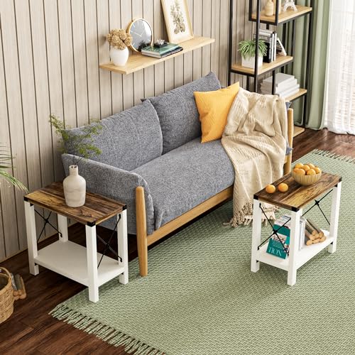 GAZHOME Rustic Farmhouse End Table Set of 2 with Storage Shelf, Narrow Nightstands for Living Room & Bedroom, White